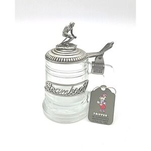 1982 Mini Crystal Stein Shot Glass With Pewter Lid Skier Figure Steamboat Emblem